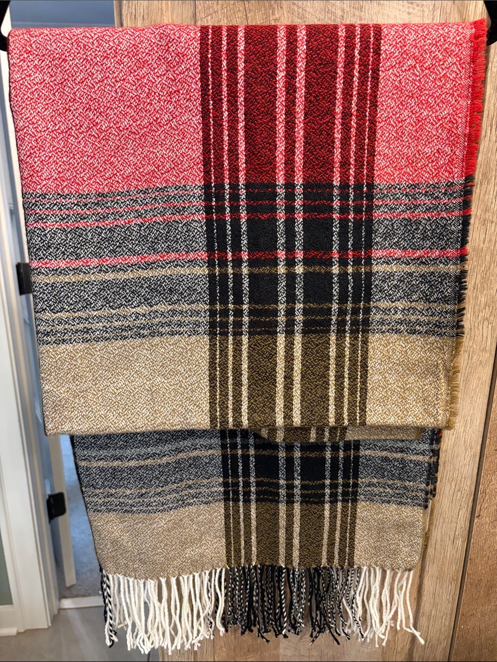 Cozy Plaid oversized blanket scarf  Red, Black, Tan 32x72